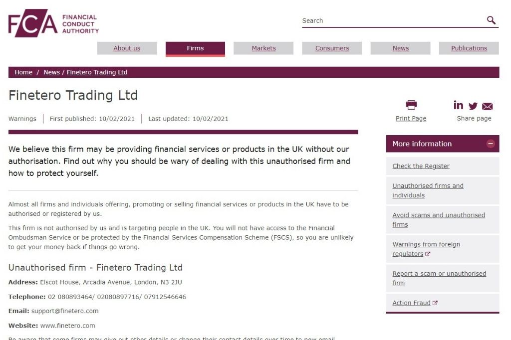 Finetero Trading Ltd blacklisted by FCA