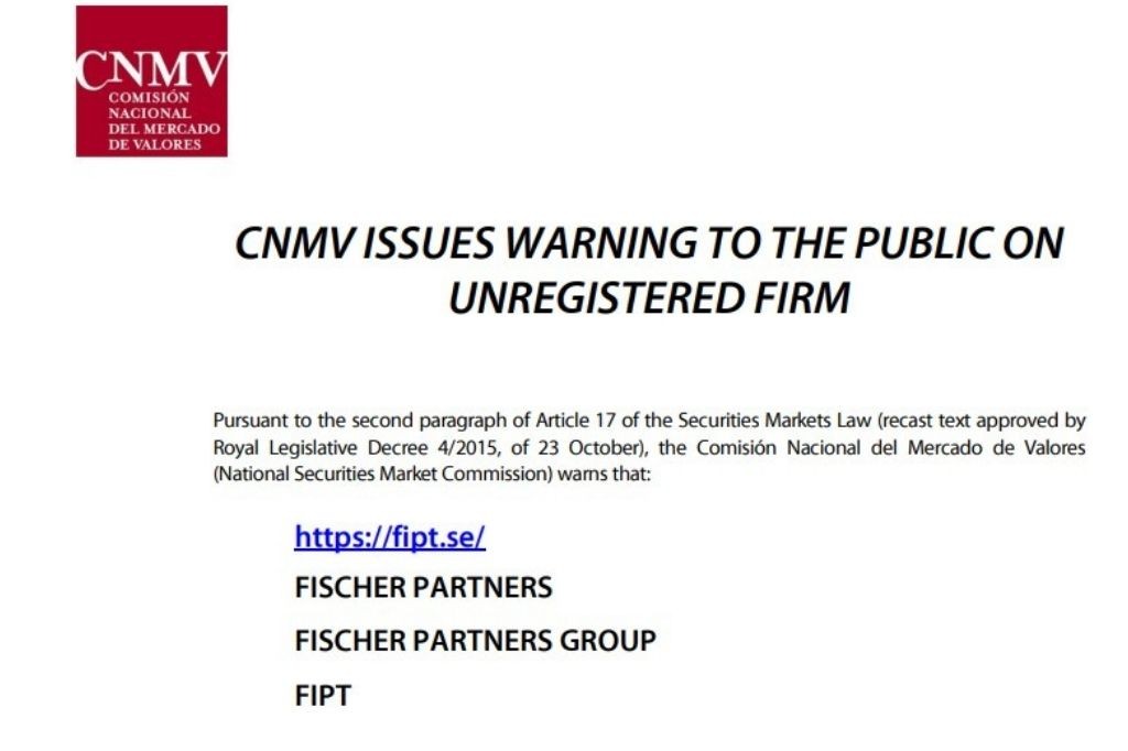 Fischer Partners Group warning from CNMV
