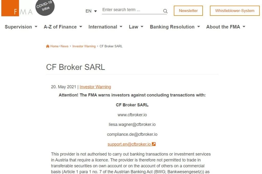 CFBroker was directly warned and blacklisted by the Austrian FMA.
