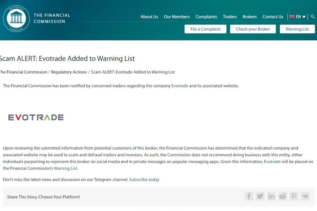Evotrade was blacklisted by financial regulatory
