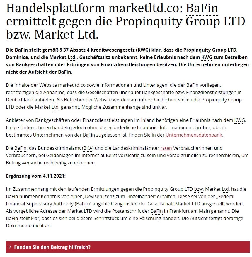 BaFin Market LTD Warning