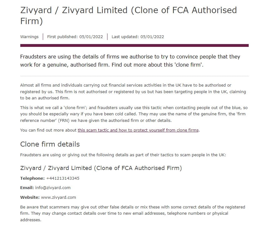 FCA Zivyard warning