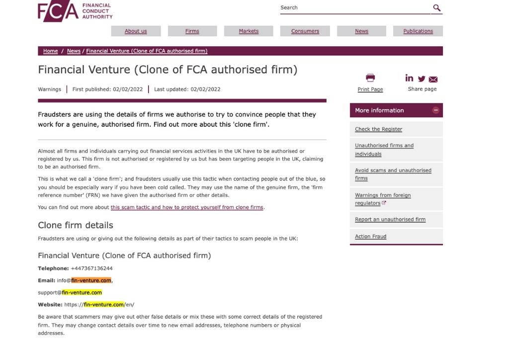 Fin Venture Official Warning Issued by FCA