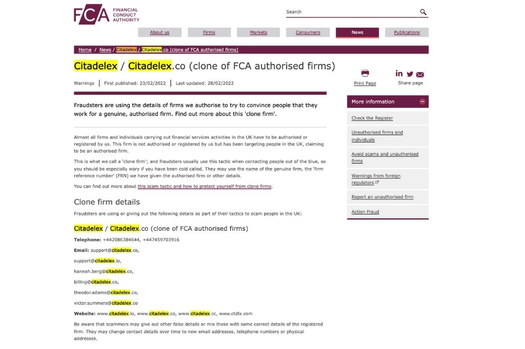 Citadelex Official Warning Issued by FCA