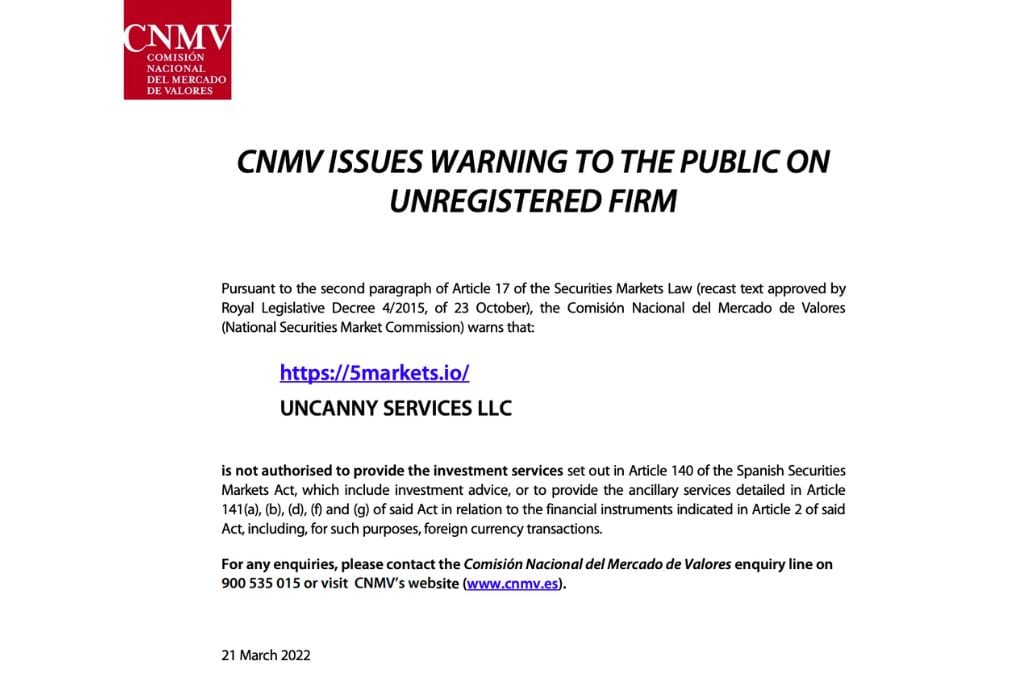 5Markets Warning by CNMV