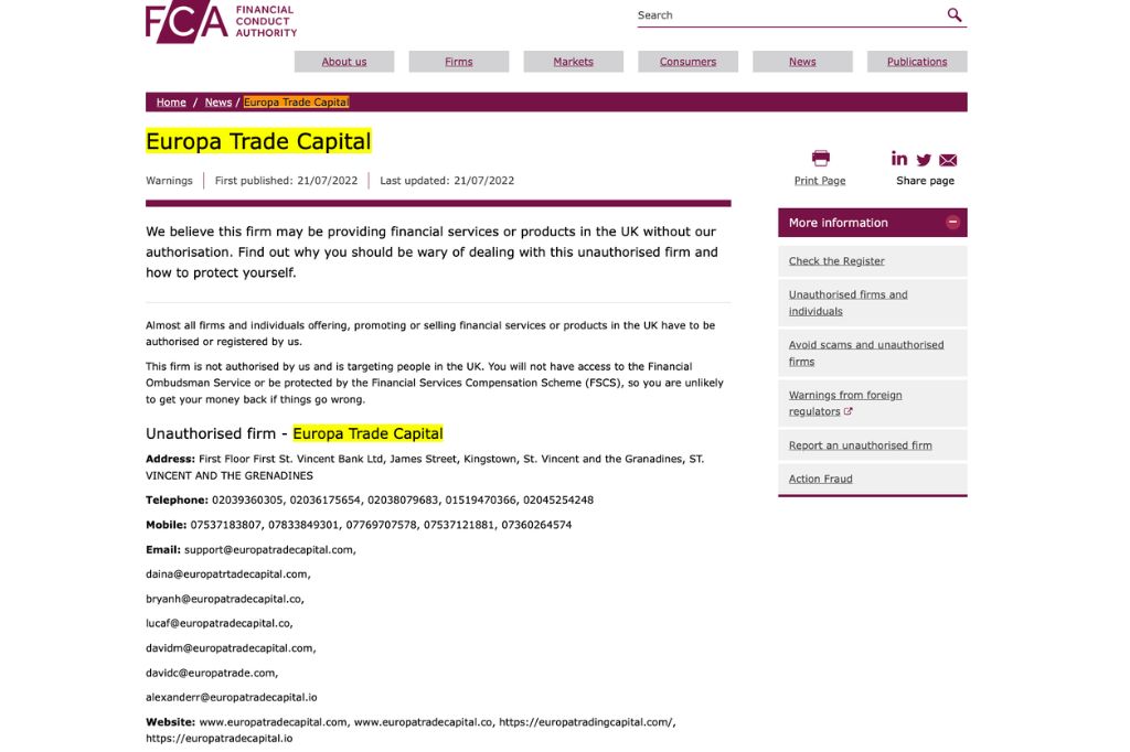 Europa Trade Capital Warning