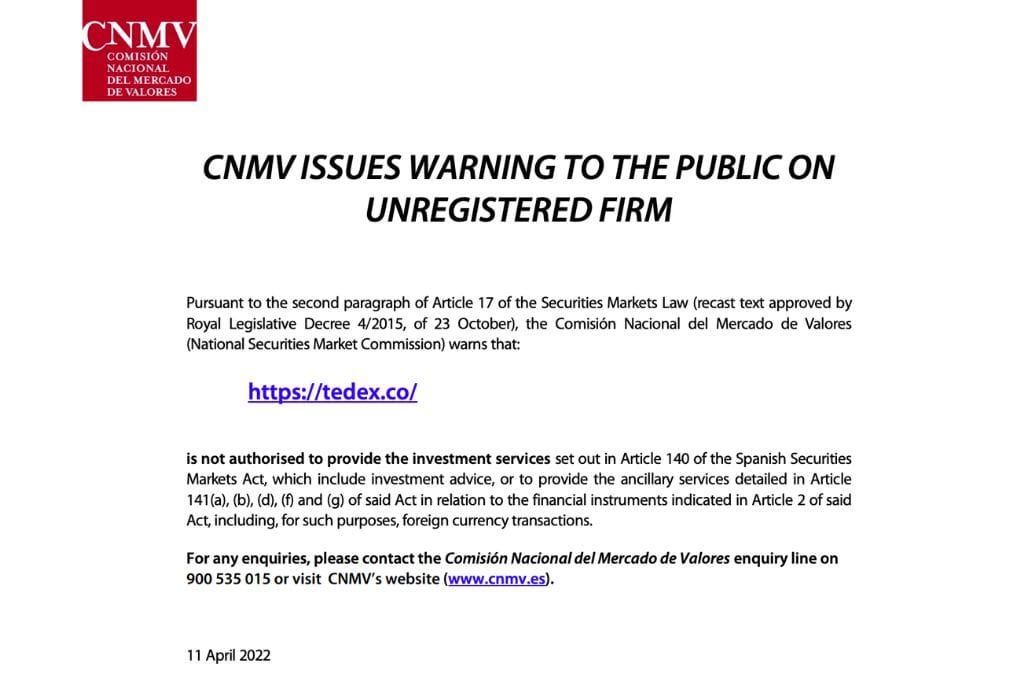 Tedex Warning by CNMV