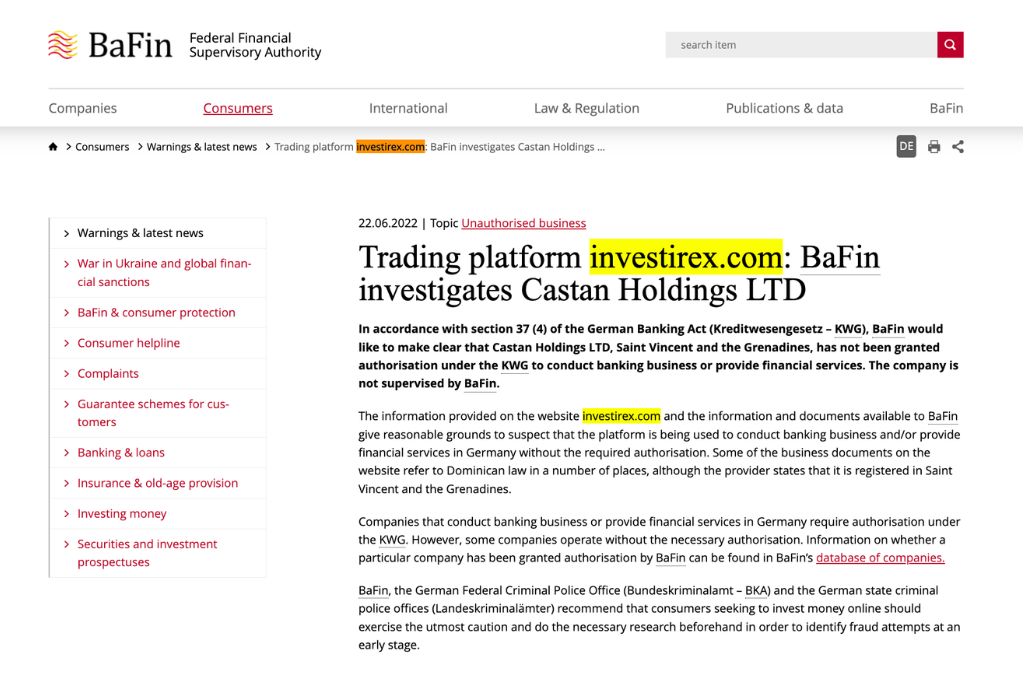 Investirex Warning from Bafin
