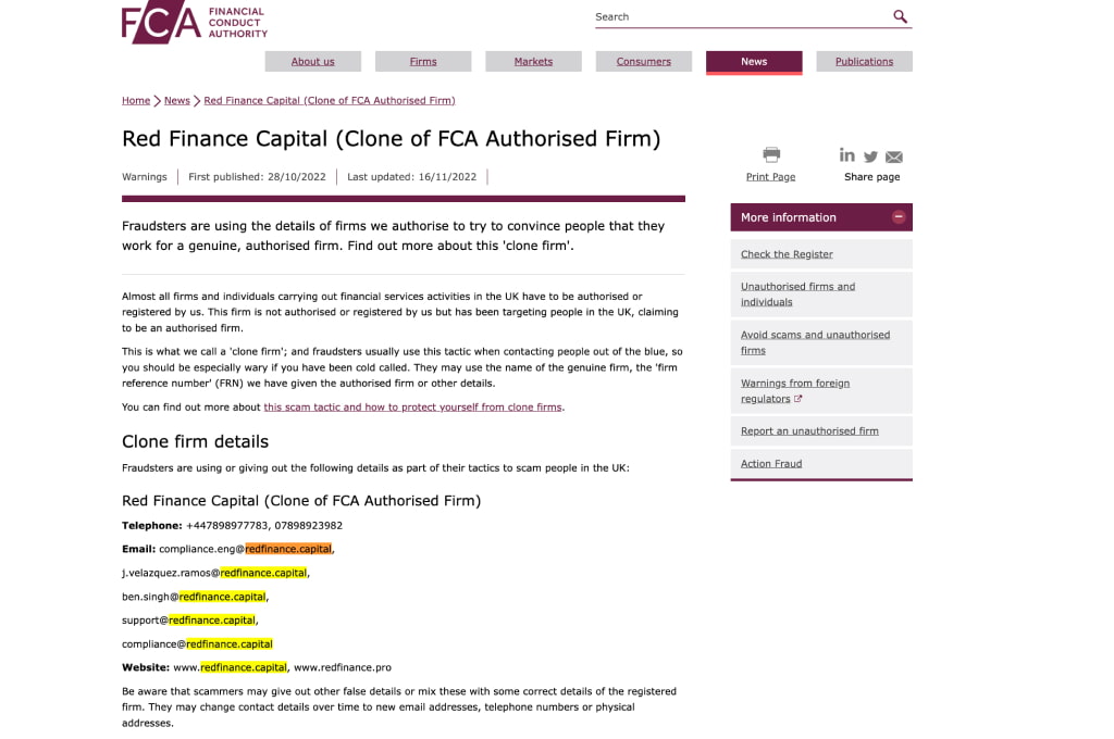 Red Finance Capital Warning From FCA