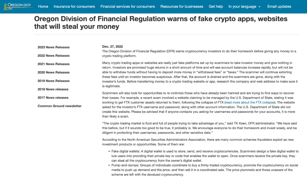 Oregon Division of Financial Regulation warning