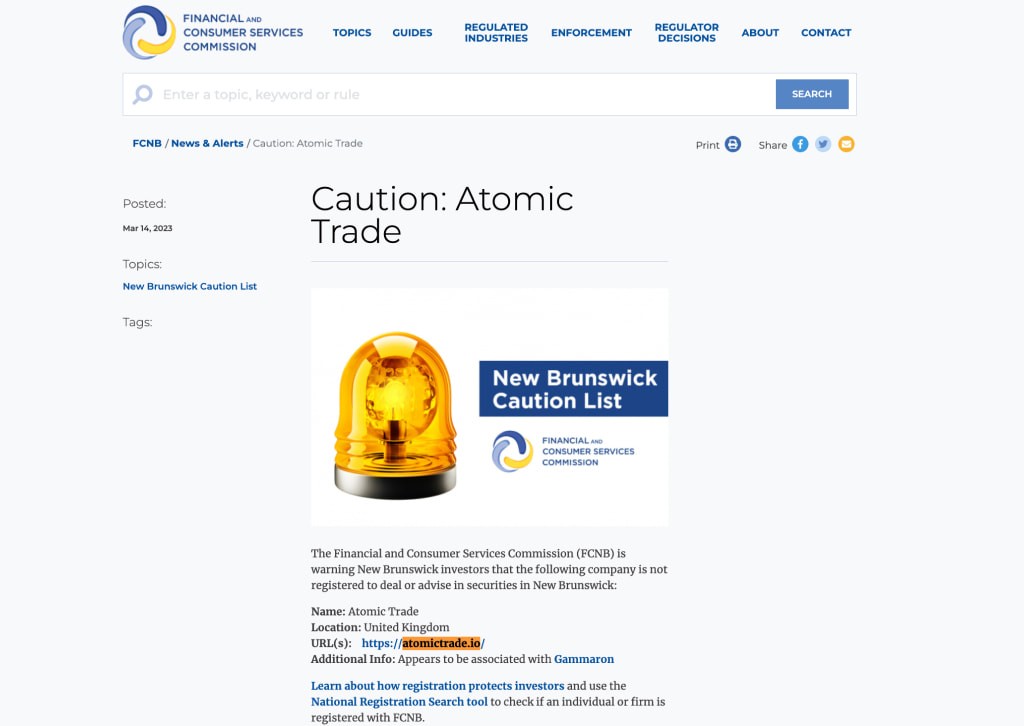 Atomic Trade Warning Issued by Financial Authorities