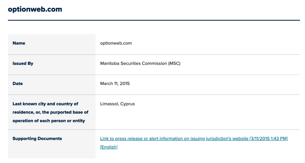 OptionWeb Warning From Canadian Securities Administrators