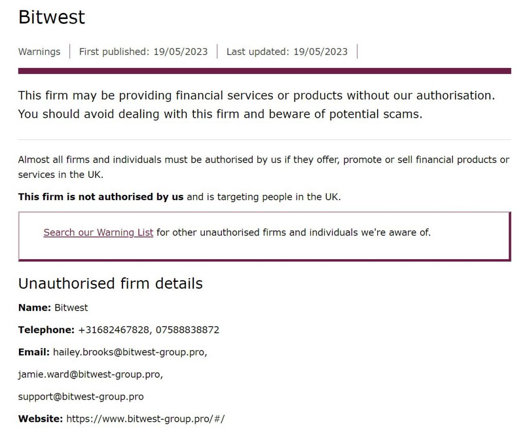BitWest Group FCA warning