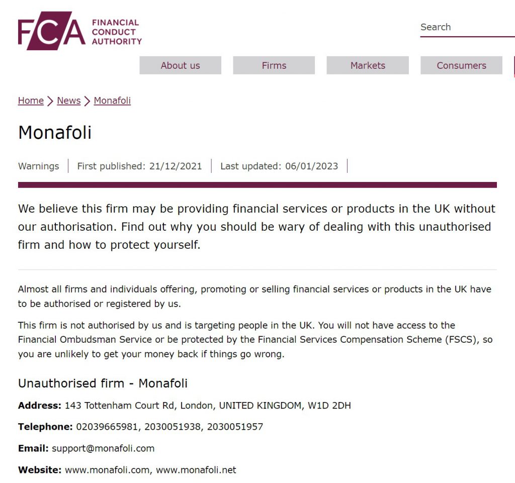 Monafoli FCA warning